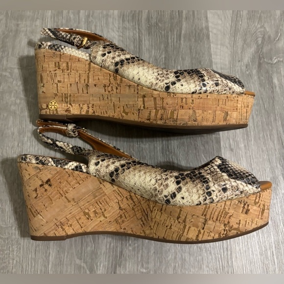 Tory Burch Rosalind Snakeskin Embossed Leather Cork Platform Wedge Sandals - Picture 3 of 6